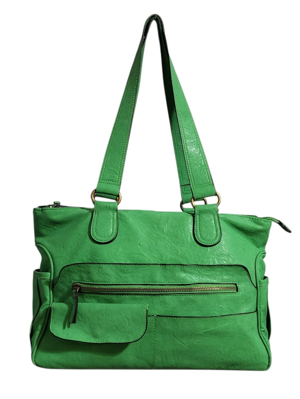 Bueno Shoulder Bag Purse Lime Green Multi Pocket Organizer Vegan Leather Large